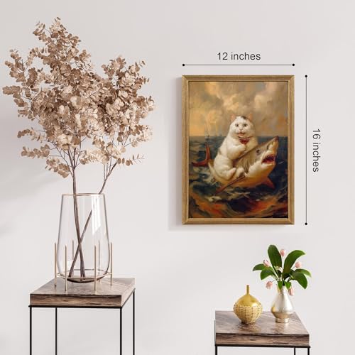 ICHZUMW Framed Funny White Cat Riding Shark Ocean Canvas Wall Art 12x16 In - color: White Shark Rider, size: 16"L x 12"W