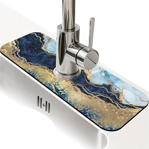 Kitchen Sink Splash Guard，Blue white black and gold marble-1 Faucet Mat Sink Gadgets-Super Absorbent Fast Drying Mat Drip Catcher for Kitchen, Bathroom,Sink Mat, Dish Drying Mat, Bathroom(15" X 5.5" ) - color: Blue white black and gold marble-1
