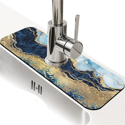 Kitchen Sink Splash Guard，Blue white black and gold marble-1 Faucet Mat Sink Gadgets-Super Absorbent Fast Drying Mat Drip Catcher for Kitchen, Bathroom,Sink Mat, Dish Drying Mat, Bathroom(15" X 5.5" ) - color: Blue white black and gold marble-1