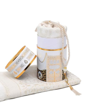 FURKAN Muslim Prayer Rug & Beads Set with Stylish Cylinder Gift Box Janamaz Sajadah Prayer Mat Perfect Islamic Spiritual Gift for Ramadan Islamic, Cylinder Gift Box - Model 2 - White - color: White