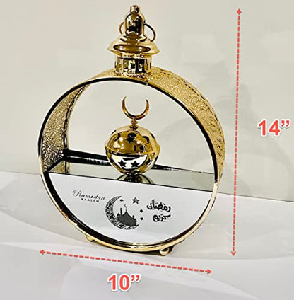 Eid Mubarak Hanging Lantern Islamic Metal Lamp Islamic Lamp, Ramadan Mubarak LED Light, Eid ul Fitr Hanging Lantern Glass and Metal Lantern for Home, Offices, Eid Gifts 14"X10" (Crescent) - color: Crescent