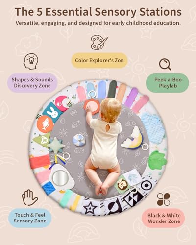 Baby Play Gym Activity Mat, WOOD CITY Tummy Time Play Mat for Babies 0-6 Months with 6 Detachable Newborn Infant Toys, Promote Motor Skills & Sensory Development Baby Essentials Gift