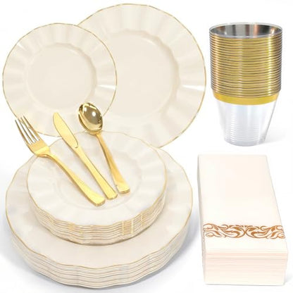 Glowserve 175 Piece Disposable Plastic Plates Dinnerware Set for 25 Guests - color: White