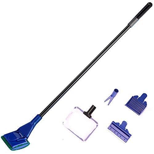 Aquarium Cleaning Tools Kit 5 in 1 Function for Long Deep Fish Tank, Including Algae Scrape, Cleaning Sponge, 3.9" Small Fishnet, Gravel Rake, Plant Fork