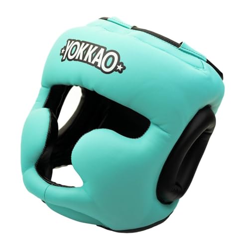 YOKKAO Premium Head Guard | Handmade Genuine Leather Headgear | Ideal for Muay Thai, Boxing, Kickboxing Sparring, Hard Training & Professional Competitions - color: Tiffany/Black Training, size: Large