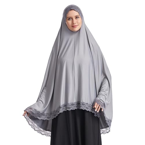 Muslim Women's Instant Big Hijab Jersey Turbans Khimar Abaya Soft Prayer Scarf, 1pc Lace - color: Grey, size: Large
