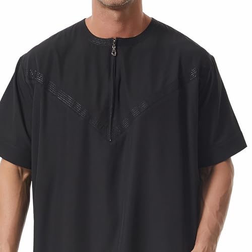 Muslim Men Abaya Short Sleeve Kaftan Islamic Arab Robe Men Dishdasha Zipper Robe Ethnic Clothes Dubai Travel Thobe - color: Black, size: X-Large
