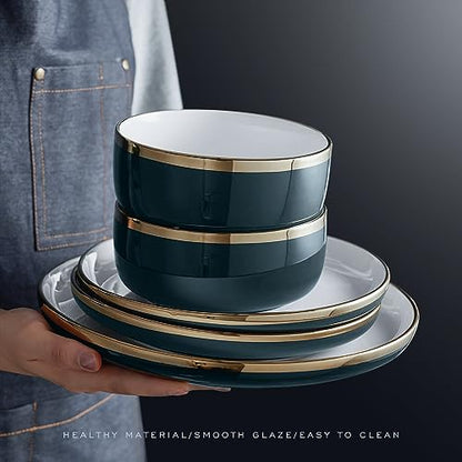 Pokini Porcelain Dinnerware Sets, 12 Piece Luxury China Plates and Bowls Sets, Green Dishes Set Gold Rim for Wedding Anniversary Birthday, Modern Dinner Plates Set - color: Green