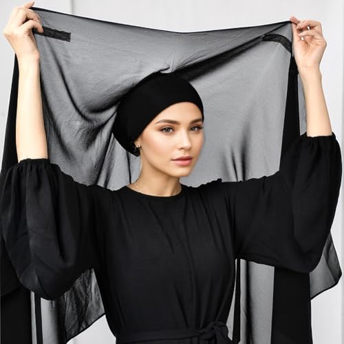Women Instant Chiffon Hijab Set 3-in-1 Hijabs Scarf Muslim Soft Long Head Scarf with Built-in Magnets and Undercap - color: Black