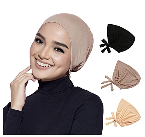 3PCS Under Hijab Head Cap Muslim Under Scarf Hijab Solid Color Women Under Scarf Hat Stretchy Sleeping Cap - color: Black,khaki,beige