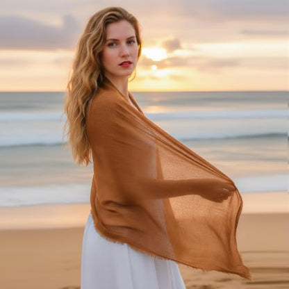 Nydotd Women Summer Cotton Linen Scarf Crinkle Long Beach Shawl Wrap hijab with Fringe - color: Caramel