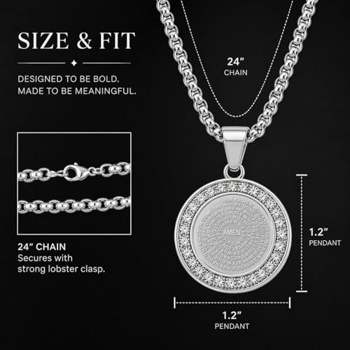 Steeltime Stainless Steel Lords Prayer Necklace with Simulated Diamonds - color: Silver, style: Reversible Round Pendant