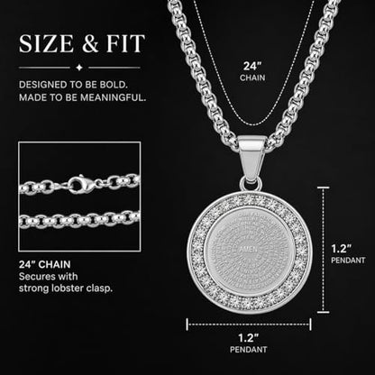 Steeltime Stainless Steel Lords Prayer Necklace with Simulated Diamonds - color: Silver, style: Reversible Round Pendant