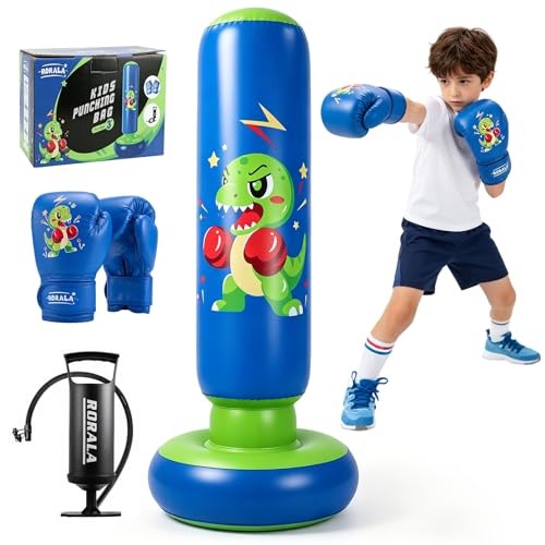 RORALA 66 Inch Inflatable Punching Bag for Kids with Boxing Gloves, Children's Boxing Bag Set Dinosaur Toy & Gifts for Boys Girls Aged 3 to 12 to Practice Karate, Taekwondo