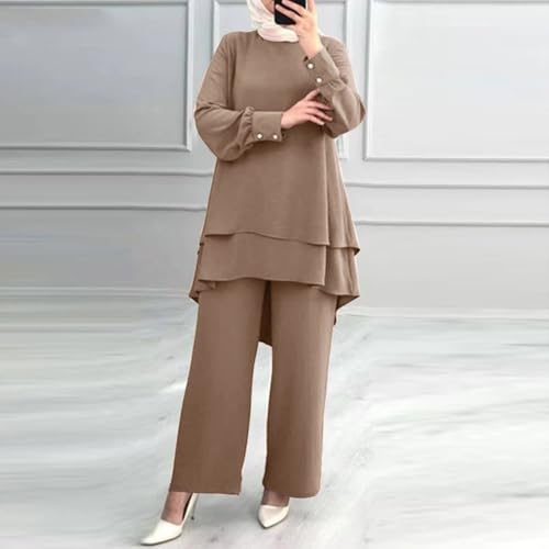 Muslim Casual 2 Piece Set For Women Long Sleeve Loose Top Wide Leg Pants Suit Plus Size Outfit Prayer Clothes - color: 1-khaki, size: Medium