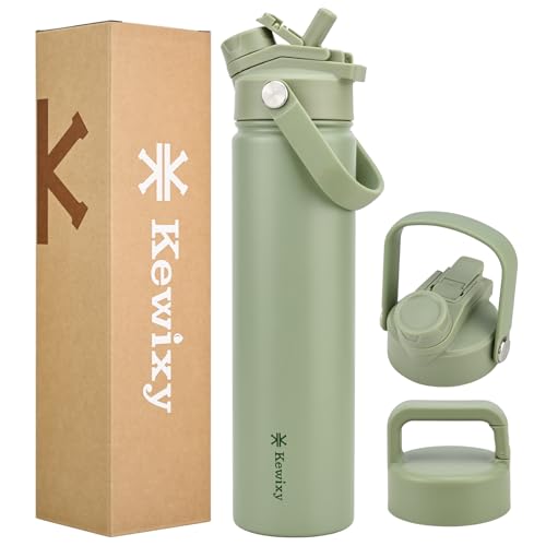KEWIXY 24 oz Insulated Water Bottle, 2-in-1 Lid, Straw & Spout with Protected, Leak Proof, Keep Cold, Stainless Steel, Metal, Reusable, Handle, for Travel, Gym and School, 2 Lids, Sage Green - color: Sage Green, size: 24 Ounces