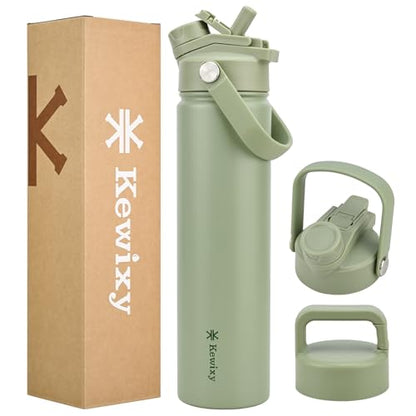 KEWIXY 24 oz Insulated Water Bottle, 2-in-1 Lid, Straw & Spout with Protected, Leak Proof, Keep Cold, Stainless Steel, Metal, Reusable, Handle, for Travel, Gym and School, 2 Lids, Sage Green - color: Sage Green, size: 24 Ounces