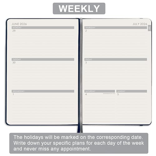 Artfan Planner 2026-2027 - Academic Planner 2026-2027, Jul. 2026 - Jun. 2027, 12-Months Weekly and Monthly, 5.75" x 8.25", Saffiano Leather with Thick Paper, Back Pocket with Notes Pages - Navy Blue - color: Sky Blue D