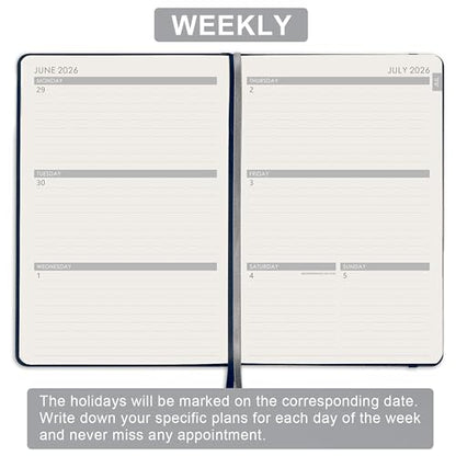 Artfan Planner 2026-2027 - Academic Planner 2026-2027, Jul. 2026 - Jun. 2027, 12-Months Weekly and Monthly, 5.75" x 8.25", Saffiano Leather with Thick Paper, Back Pocket with Notes Pages - Navy Blue - color: Sky Blue D