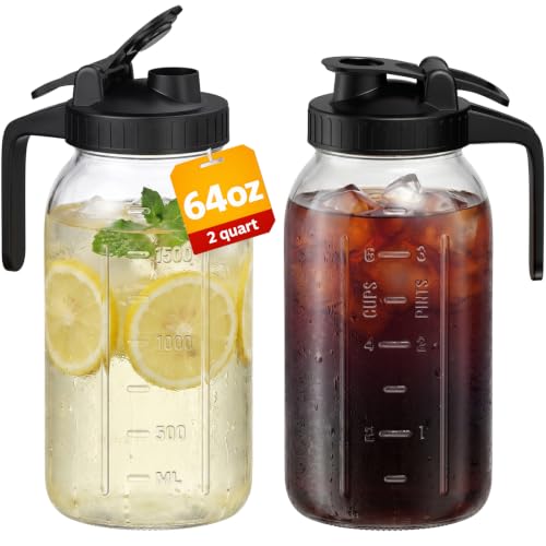 Mason Jar Pitcher Set of 2, 64oz (2quart) Glass Pitcher with Lid for Tea | Airtight, Leak proof, Ergonomic Handle, Pour Spout Lid, Fridge Safe, for Sun Tea, Iced Tea, Cold Brew, Lemonade, Outside - color: Black & Black, size: 64 Ounces