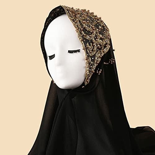 Women Fashion Chiffon Muslim Head Scarf Arabic Hijab Long Scarf Wrap - color: Beading Black