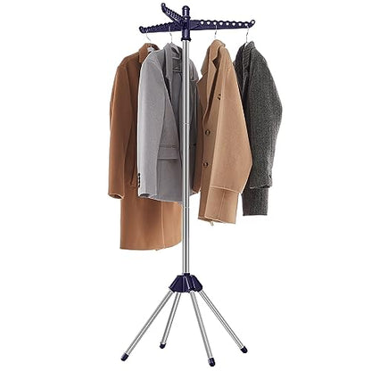 SONGMICS 의류 건조대, 149.9cm(59인치) 접이식 세탁 건조대, 행거용 회전 가능한 팔 3개, 다리 4개, 스테인리스 스틸, 옷 27피스용, 블루 및 실버 ULLR510Q01 - color: 블루 + 실버, style: 1단