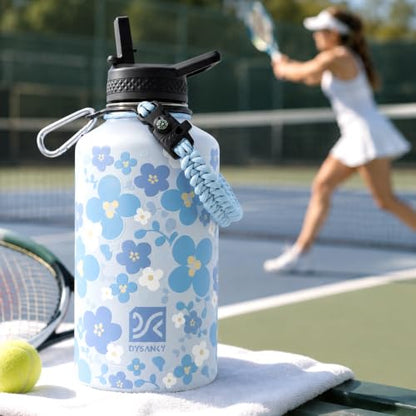 DYSANKY Water Bottle Gift– 64 oz Insulated Stainless Steel Bottle with Carrier Bag, Strap & Gift Box – BPA-Free – Ideal for Hiking, Camping & Travel - Blue Flower 64 oz - color: Blue Flower, size: 64 Ounces