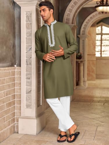 Runcati Mens Kaftan Thobe Cotton Henley Shirt Long Sleeve Embroidery Robe Casual Kurta Muslim Gown Shirt - color: Army Green, size: Large