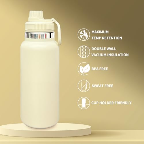 32 oz Insulated Water Bottle with Spout Lid - Double Wall Vacuum Sports Water Bottle - Powder Coated Cup for Gym Camping Hiking(Cream,1 pack) - color: Cream