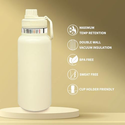 32 oz Insulated Water Bottle with Spout Lid - Double Wall Vacuum Sports Water Bottle - Powder Coated Cup for Gym Camping Hiking(Cream,1 pack) - color: Cream