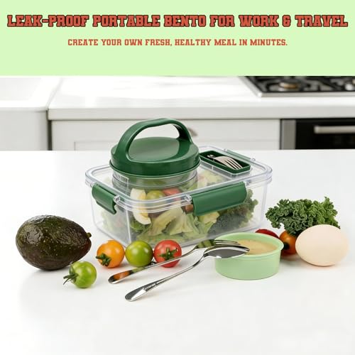 Upgraded Salad Pod Mason Jar Side Open,Portable Salad Container,On The Go Salad Jar Compartment for Travel Office Lunch,Leakproof Airtight,BPA Free & Dishwasher Safe (Square - Green)
