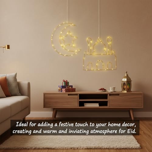 Eid Ramadan Mubarak Window Lights, 2 Pcs LED Hanging Decorations, Moon & Mosque Iron Art, Battery Operated with 8 Lighting Modes, Ramadan Decorations for Home & Festival Indoor & Outdoor Decor