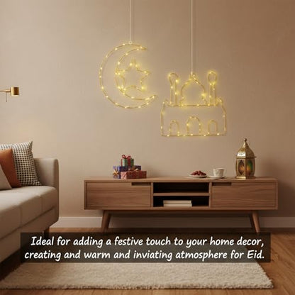 Eid Ramadan Mubarak Window Lights, 2 Pcs LED Hanging Decorations, Moon & Mosque Iron Art, Battery Operated with 8 Lighting Modes, Ramadan Decorations for Home & Festival Indoor & Outdoor Decor