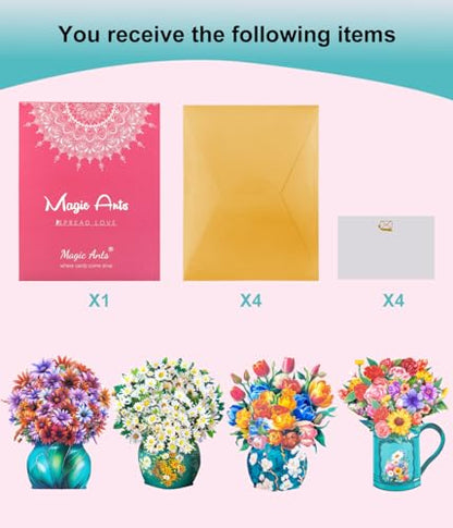 Magic Ants Pop Up Floral Bouquet Cards Set – Greeting Cards with Envelopes & Blank Notes for Women's Birthday, Mother's Day, Thank You, Get Well - style: ‎Gerbera Daisies, Tulips, Sunflowers & Roses, White Dasies
