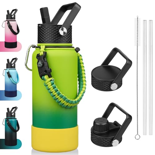 BJPKPK 32oz Insulated Water Bottle with 3 Lids, Straw Lid & Handle - color: Bamboo Grove, size: 32 Ounces