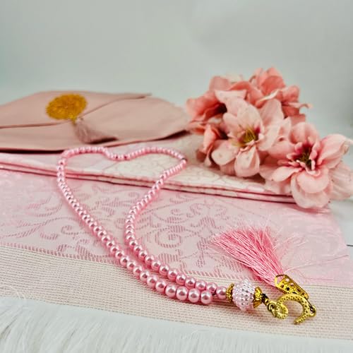 BABY SHOWER CHOCOLATE Muslim Prayer Rug with Prayer Beads and Portable Bag, Islamic Prayer Gift Set for Women and Men Premium Prayer Rug, Travel Prayer Mat (Pink) - color: Pink