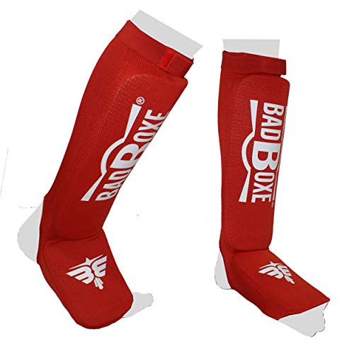 Twister Muay Thai Boxing Kickboxing Karate Shin Guard Taekwondo MMA | Elastic Cotton Cloth Shin & Instep Padded Guards | Shin in Steps Shin Guards Pair - color: Red/White, size: Small-Medium