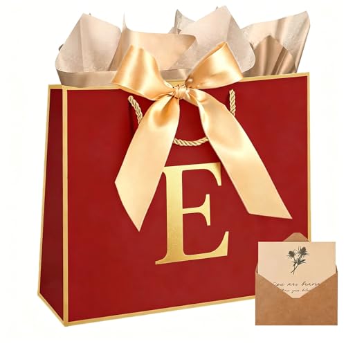 Topaliving Personalized Gift Bag with Card and Tissue Paper, 26 Letters Birthday Gift Bag 13'' Custom Valentines Weddings Present with Initials/Numbers for Women Men Kids (Red,E) - color: Red, size: E