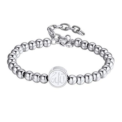 PROSTEEL Allah Bracelet, Muslim Islamic Jewelry Religious Islam Arabic God Charm Stainless Steel Beads Chain Bracelet, fits wrist from 5.9'' to 7.9'', Come with Box - color: 04 silver-beads chain