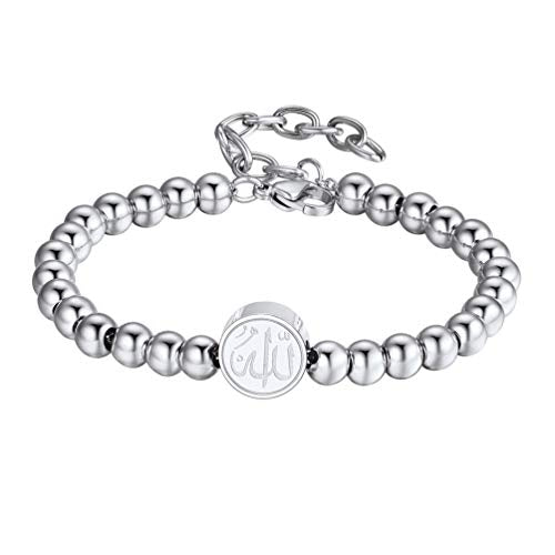 PROSTEEL Allah Bracelet, Muslim Islamic Jewelry Religious Islam Arabic God Charm Stainless Steel Beads Chain Bracelet, fits wrist from 5.9'' to 7.9'', Come with Box - color: 04 silver-beads chain