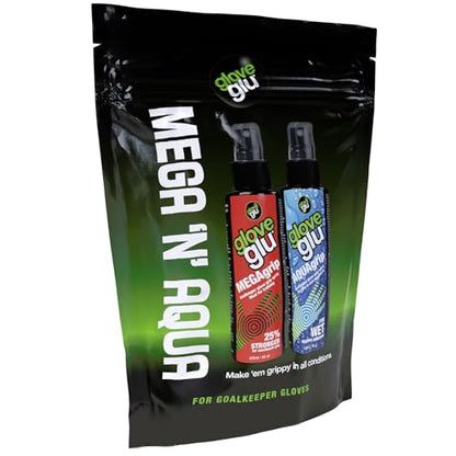gloveglu Goalkeeper Glove Spray Bundle | 120ml Goalkeeper Glove MEGAgrip Spray + 50ml Goalkeeper Glove Wash & Prepare Spray | Ideal for Goalies, Soccer Training & Match Day Performance - style: MegaGrip + AquaGrip