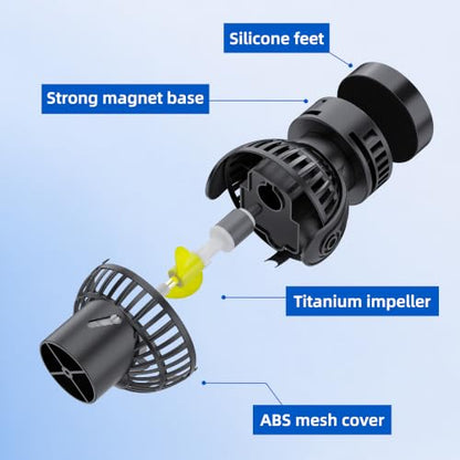 FREESEA Magnetic Wave Maker for Aquarium: 1s Mounts on 15mm Glass Secure | 6W 1050GPH 180°Adjustable Powerful Head Help Eliminate Dead Spots - Improve Water Quality for 40-100 Gallon Fish Tan - size: 1050 GPH (Black)
