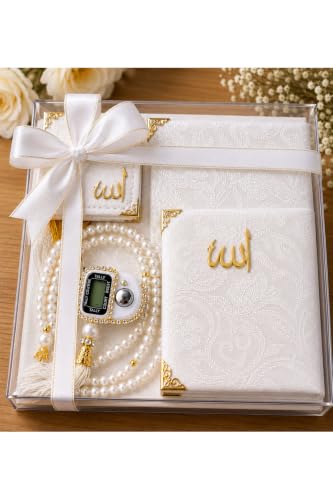 Islamic Prayer Set 5-Piece Gift Set for Men and Women Includes Prayer Rug, Prayer Beads, Zikirmatik Counter, and Yasin Book - refined White Cotton Design for Special Occasions and Daily Worship - Whit