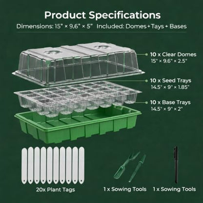 Gardzen 10 Pack 40 Cell BPA Free Seed Starter Tray Kit | Reusable Plant Germination Trays, Adjustable Vents, Sowing Tool, Indoor Gardening Vegetables Herbs Flowers - size: 10-Pack