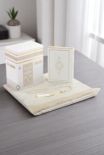 ihvan online Muslim Prayer Rug and Quran with Prayer Beads, Kaaba Decor Box, Islamic Gift for Women & Men, Elegant Islam Set for Ramadan, Eid, Umrah, Birthday, Travel, White-2 - color: White-2