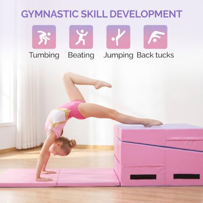Folding Gymnastics Cheese Wedge Incline Mat, Gym Fitness Tumbling Skill Shape Mat for Kids Girls Home Training Exercise - color: Light Pink + Light Purple