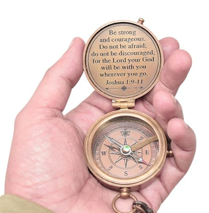 Engraved Personalized Inscription Antique Brass Compass Engraved with Leather Case Son Mom Children Gift Baptism Birthday Easter Decor - style: Josua 1:9 -11 Engraved with Holy CROSS