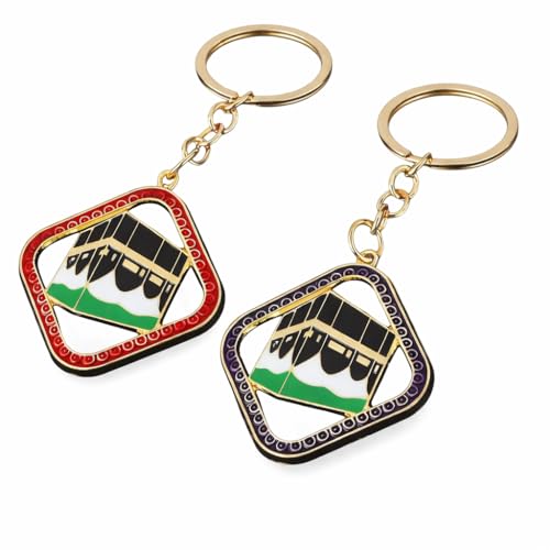 2PCS Kaaba Keychain Set, Islamic Mecca Souvenir Key Ring for Hajj Umrah Pilgrimage, Eid Mubarak Gifts for Muslims, Saudi Arabia Travel Keepsake, Ramadan Party Favor