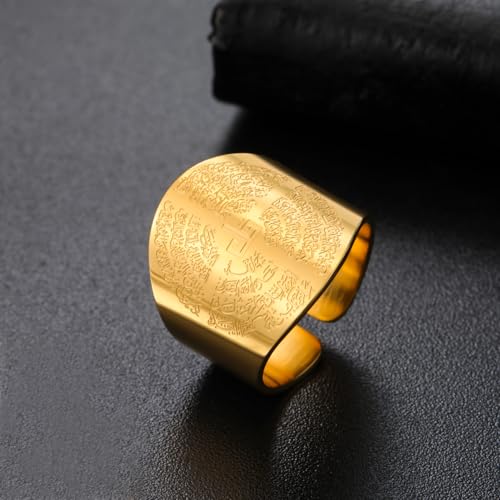 Dreamtimes Islamic Ayatul Kursi Ring for Women Men Muslim Quran Allah Rings Ayatul Kursi Arabic Calligraphy Adjustable Open Ring for Men Islam Eid Ramadan Gifts - style: Gold-2