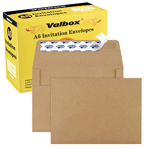 ValBox 100 Qty A6 Envelopes Self Seal 6.5 x 4.75" Brown Kraft Paper Invitation Envelopes for 4x6 Cards, Photos, Invitations, Weddings, Baby Shower, Birthiday, Announcements, RSVP (A6) - color: Brown, size: A6 (6.5 x 4.75 Inches)